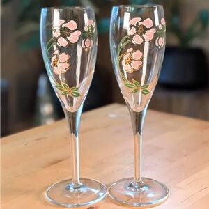 PAIR Vintage Perrier Jouet Hand-Painted Cherry Blossom Champagne Flutes